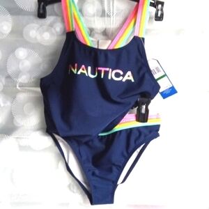 NAUTICA GIRLS NAVY PASTEL CROSS BACK TWO PIECE SWIMSUIT SIZE LARGE 12/14 NWT